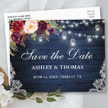 Rustic Blue Wood Lights Jars Floral Save the Date Announcement Postcard<br><div class="desc">Rustic Blue Wood String Lights Mason Jars Lace Watercolor Burgundy Floral Save the Date Postcard - Printed Back</div>