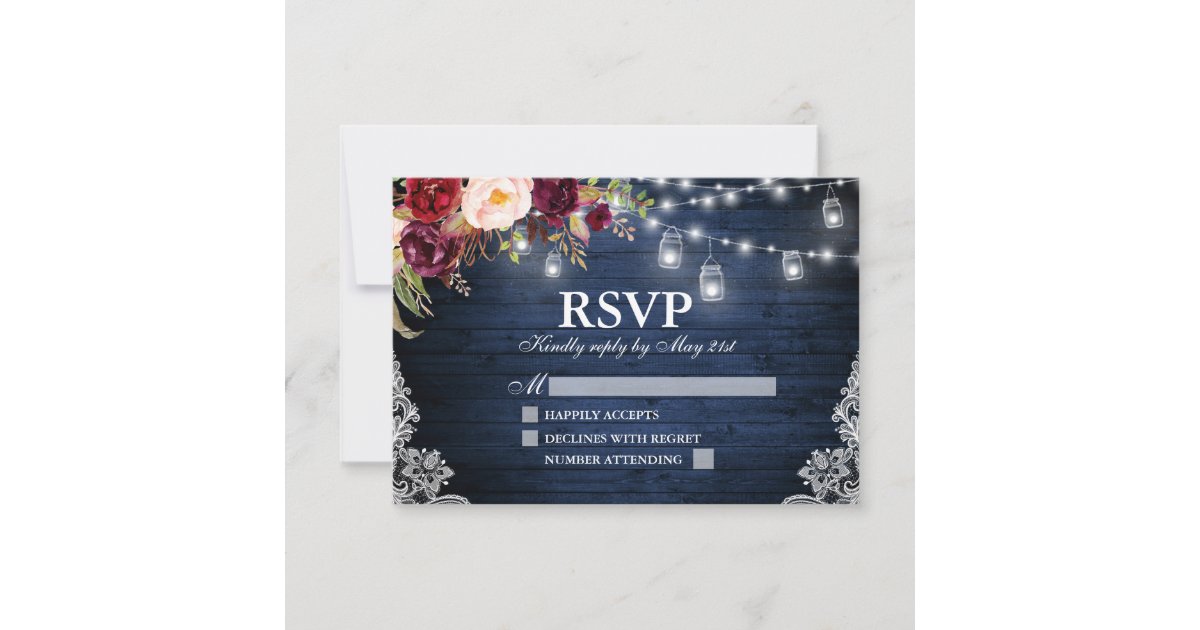 Rustic Blue Wood Lights Jars Floral Wedding RSVP Card | Zazzle