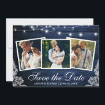 Rustic Blue Wood Lights Lace 3 Photo Save The Date<br><div class="desc">Rustic Blue Wood String Lights and Lace 3 Photo Save The Date Engagement Announcement Card</div>