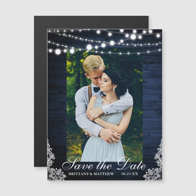 Rustic Blue Wood Lights Lace Save the Date Magnetic Invitation (Front/Back)