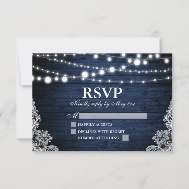 Rustic Blue Wood Lights Lace Wedding RSVP Card (Front)