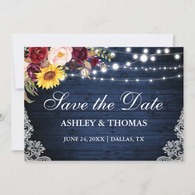 Rustic Blue Wood Lights Mixed Floral Lace Save The Date (Front)