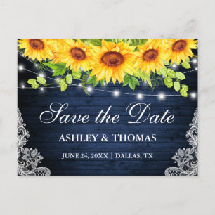 Rustic Blue Wood Lights Sunflowers Save The Date Announcement Postcard