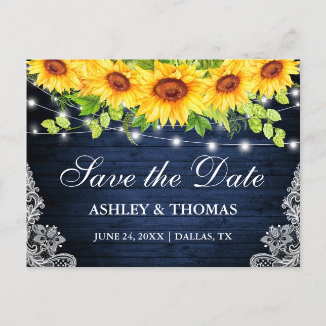 Rustic Blue Wood Lights Sunflowers Save The Date Announcement Postcard (Front)