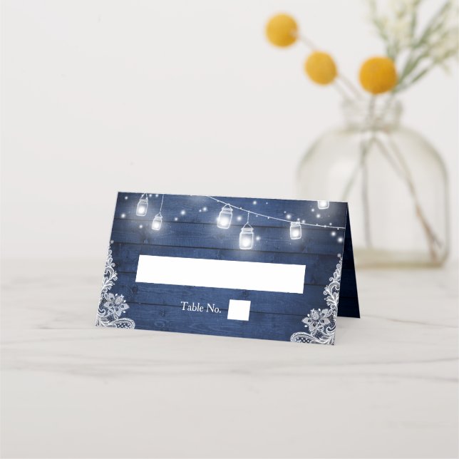 Rustic Blue Wood Mason Jar Lights Lace Wedding Place Card (Front)