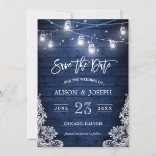 Rustic Blue Wood Mason Jars Lights Lace Wedding Save The Date