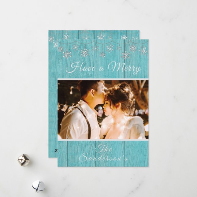 Rustic Blue Wood Merry Christmas  Holiday Card (Front/Back In Situ)