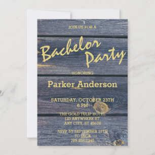 Rustic Blue Wood Monogram Bachelor Weekend Invitation