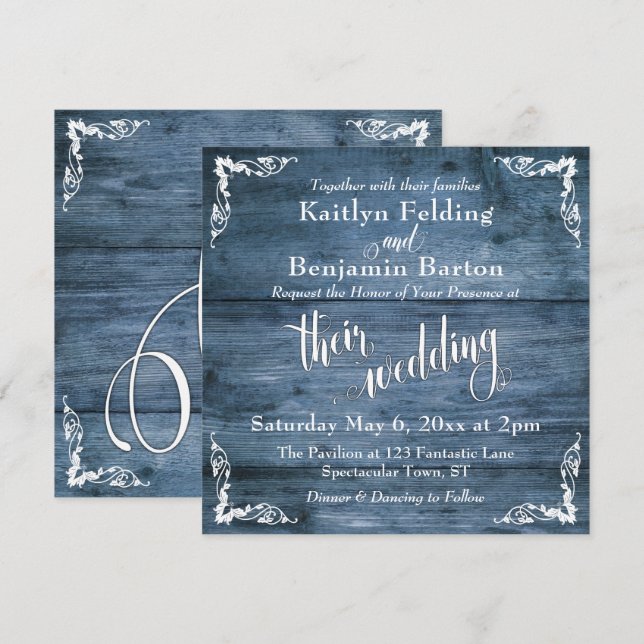 Rustic Blue Wood, Ornate Corners, Script Wedding Invitation (Front/Back)