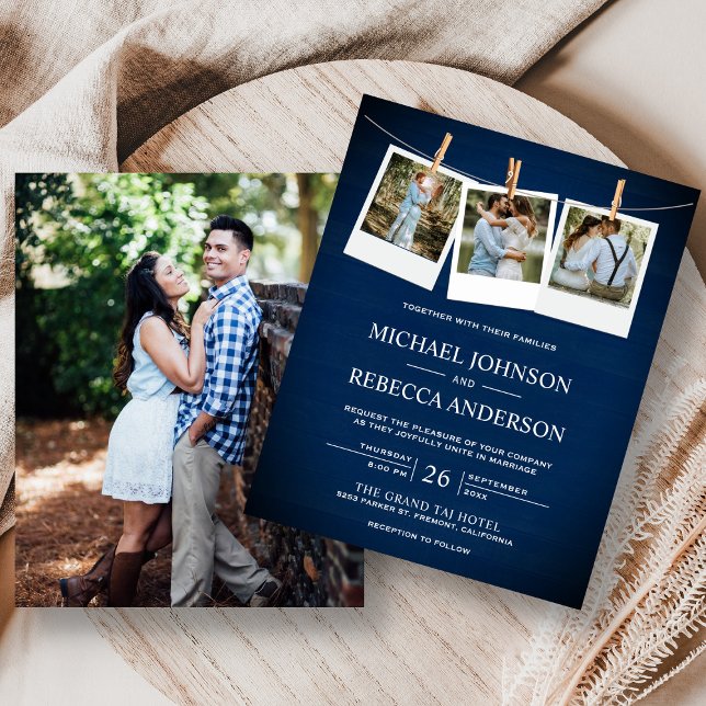 Rustic Blue Wood Photo Budget Wedding Invitation (Creator Uploaded)