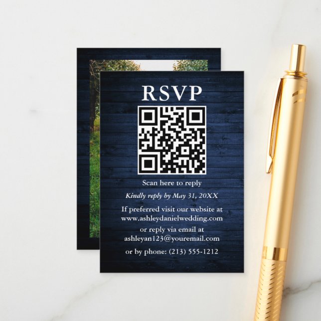 Rustic Blue Wood Photo QR Wedding RSVP Enclosure Card (Front/Back In Situ)