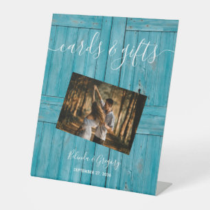 Rustic Blue Wood Photo Wedding Cards Gifts Pedestal Sign