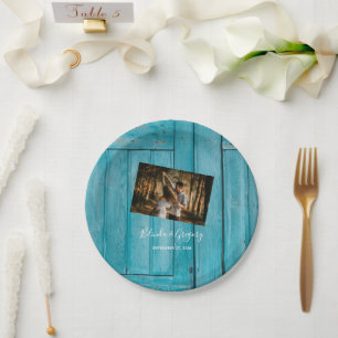 Rustic Blue Wood Photo Wedding  Paper Plate