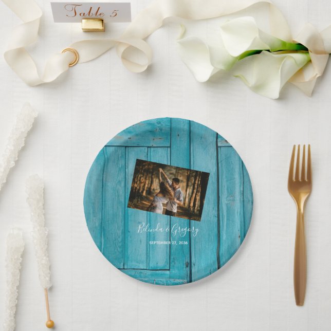 Rustic Blue Wood Photo Wedding  Paper Plate (Wedding)