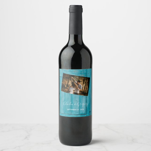 Rustic Blue Wood Photo Wedding  Wine Label (Front)