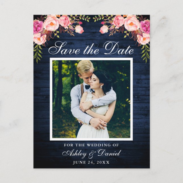 Rustic Blue Wood Pink Floral Save the Date Photo Announcement Postcard (Front)