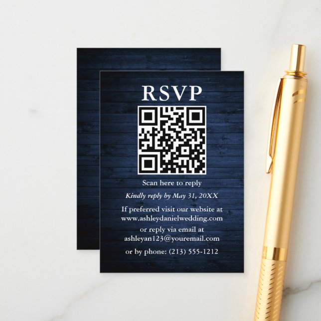 Rustic Blue Wood QR Wedding RSVP Enclosure Card (Front/Back In Situ)