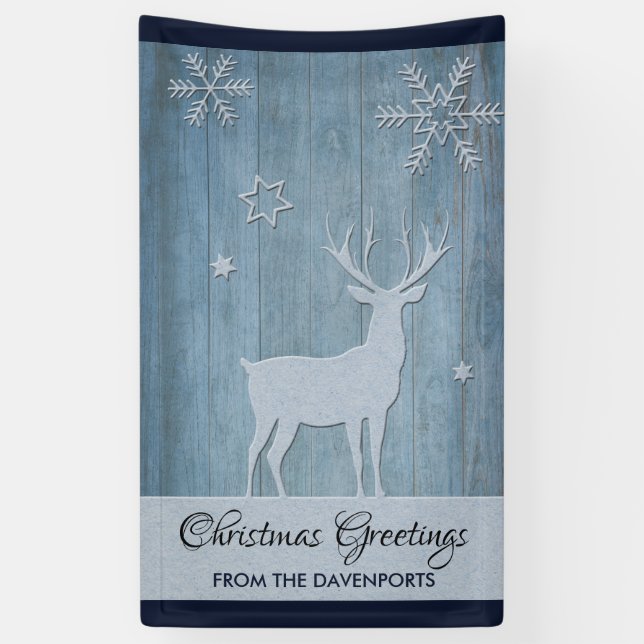 Rustic Blue Wood Reindeer Country Christmas Banner (Vertical)