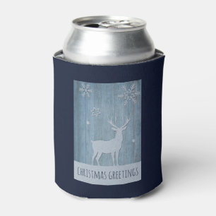 Rustic Blue Wood Reindeer Country Christmas Can Cooler