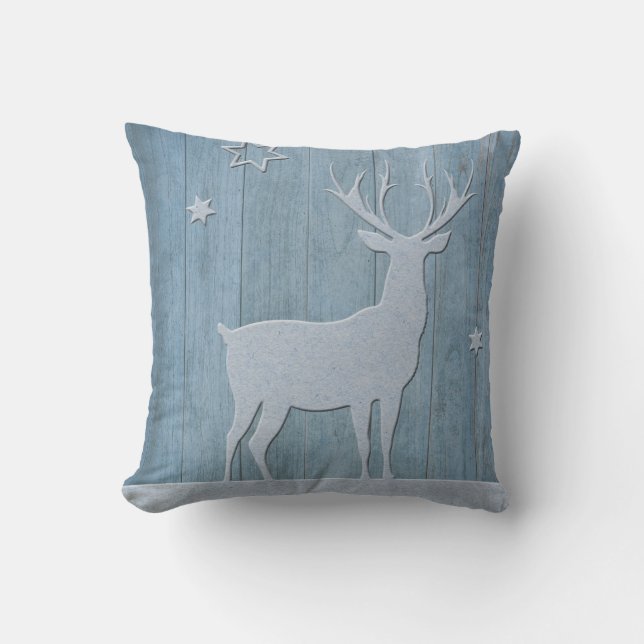 Rustic Blue Wood Reindeer Country Christmas Cushion (Front)