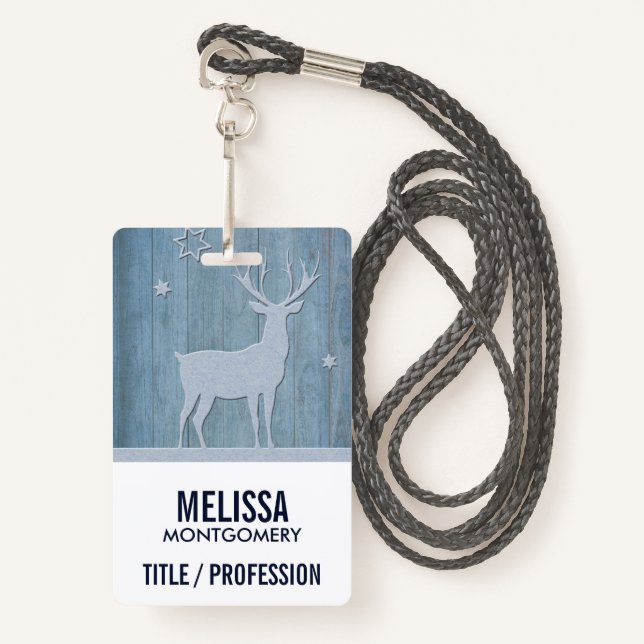 Rustic Blue Wood Reindeer Country Christmas ID Badge (Front with Lanyard)