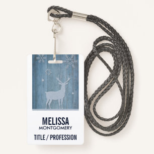 Rustic Blue Wood Reindeer Country Christmas ID Badge