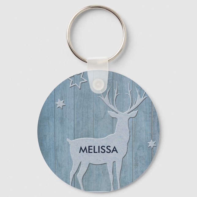 Rustic Blue Wood Reindeer Country Christmas Key Ring (Front)