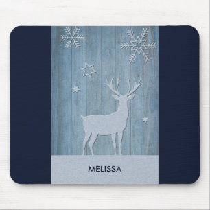 Rustic Blue Wood Reindeer Country Christmas Mouse Mat