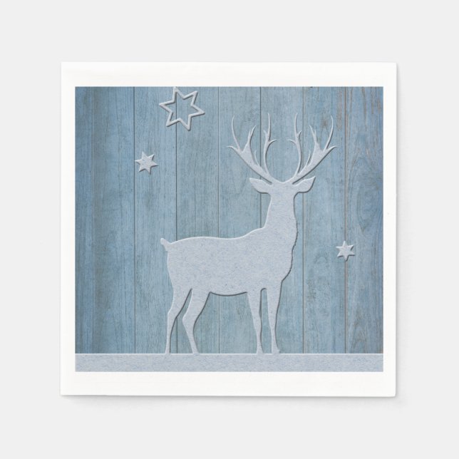 Rustic Blue Wood Reindeer Country Christmas Napkin (Front)