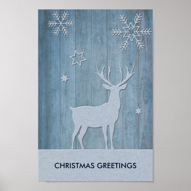 Rustic Blue Wood Reindeer Country Christmas Poster (Front)