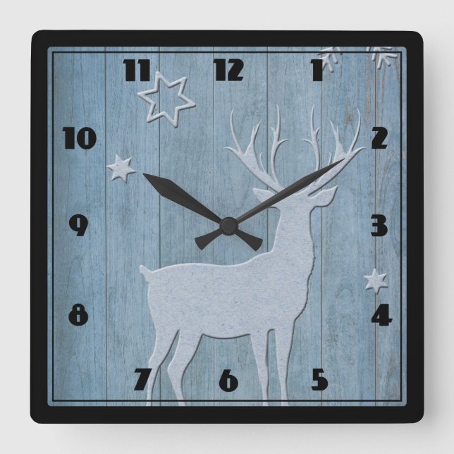 Rustic Blue Wood Reindeer Country Christmas Square Wall Clock (Front)