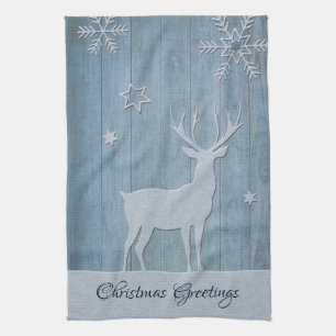 Rustic Blue Wood Reindeer Country Christmas Tea Towel