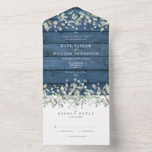 Rustic Blue Wood Sage And Lilac Monogram Wedding All In One Invitation