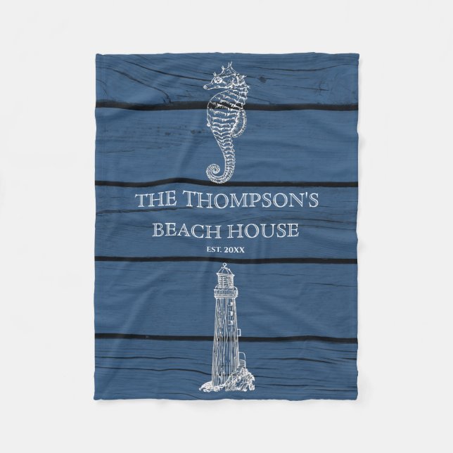 Rustic Blue Wood Seahorse Lighthouse Beach House  Fleece Blanket (Front)