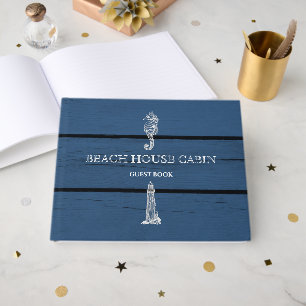 Rustic Blue Wood Seahorse Lighthouse Beach House Guest Book