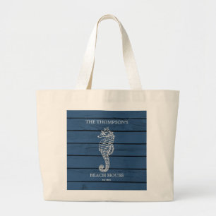 Rustic Blue Wood Seahorse Lighthouse Beach House Large Tote Bag