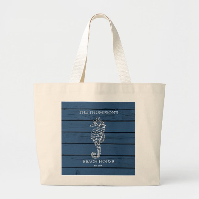 Rustic Blue Wood Seahorse Lighthouse Beach House  Large Tote Bag (Front)