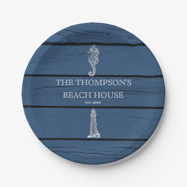 Rustic Blue Wood Seahorse Lighthouse Beach House Paper Plate (Front)
