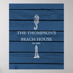 Rustic Blue Wood Seahorse Lighthouse Beach House Poster