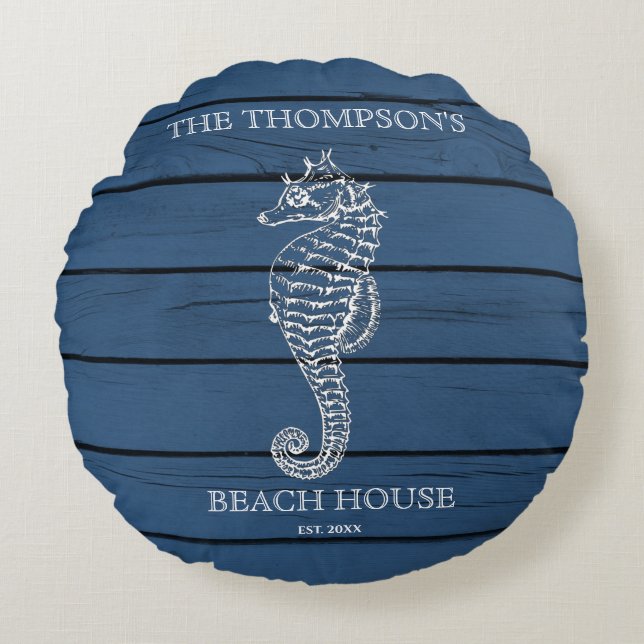 Rustic Blue Wood Seahorse Lighthouse Beach House  Round Cushion (Front)