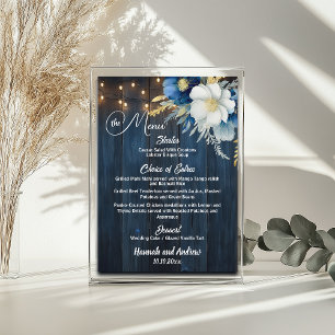Rustic Blue Wood String Lights Floral Wedding Menu