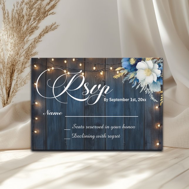 Rustic Blue Wood String Lights Floral Wedding RSVP (Creator Uploaded)