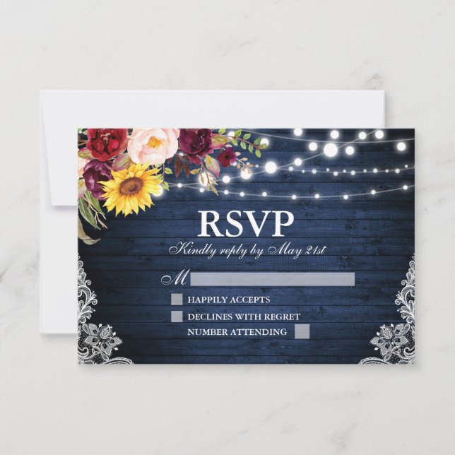 Rustic Blue Wood String Lights Lace Floral Wedding RSVP Card (Front)