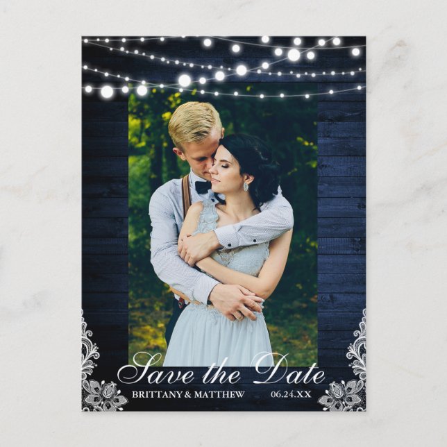 Rustic Blue Wood String Lights Lace Save the Date Postcard (Front)