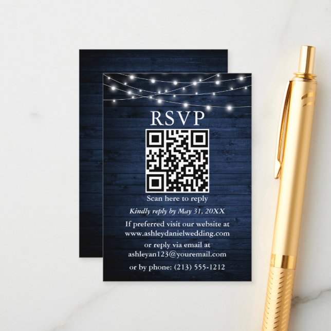 Rustic Blue Wood String Lights QR Wedding RSVP Enclosure Card (Front/Back In Situ)