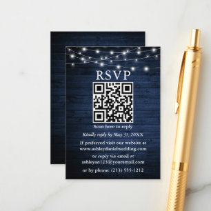 Rustic Blue Wood String Lights QR Wedding RSVP Enclosure Card