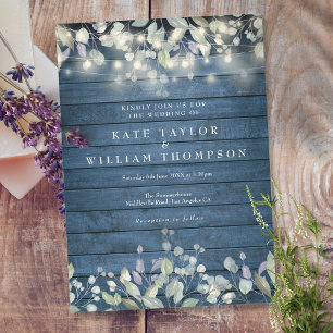 Rustic Blue Wood String Lights Sage Lilac Wedding Invitation