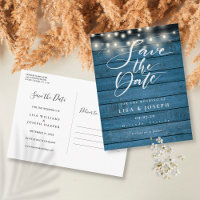 Rustic Blue Wood String Lights Save the Date