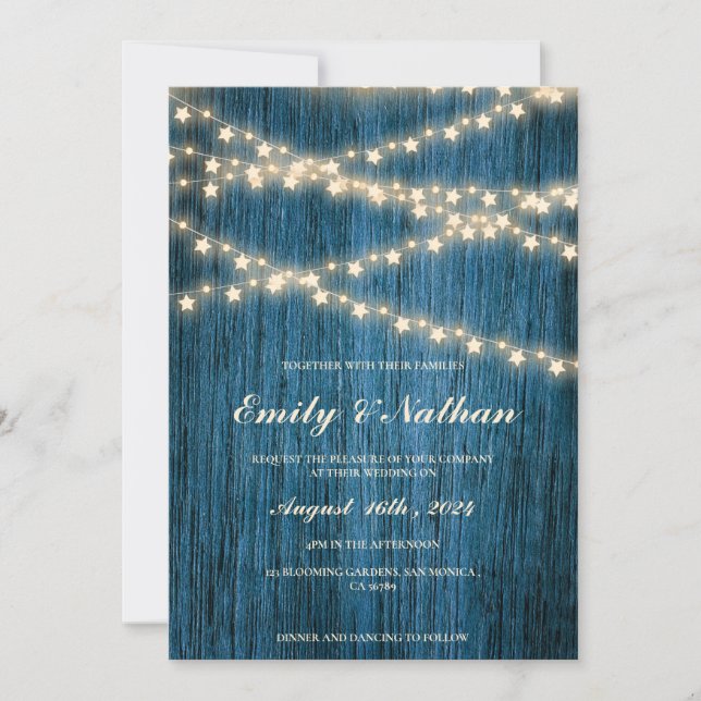 Rustic Blue Wood String Lights Wedding Invitation (Front)