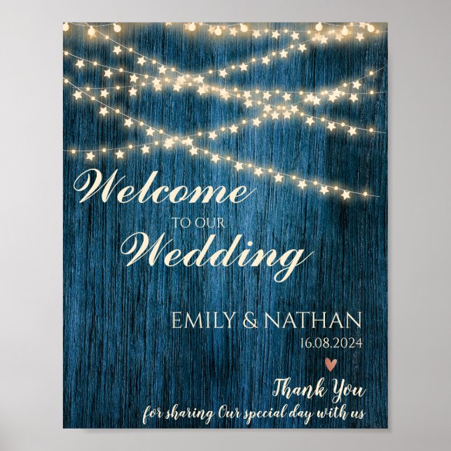 Rustic Blue Wood Strings Welcome To Our Wedding Poster (Front)